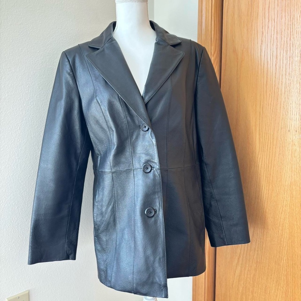 Worthington Black 100% Leather Button-Front Blazer Jacket